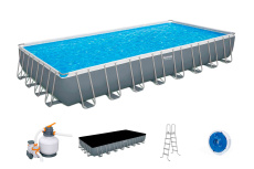 Каркасный прямоугольный бассейн Bestway 956х488х132 см + песочный ф/насос 8327 л/ч, тент, лестница, настил (56623 BW)