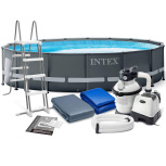 Каркасный бассейн Intex Ultra Frame, 488х122 см + песочный ф/насос 4500 л/ч, лестница, тент, подстилка (26326)