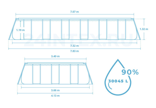Каркасный прямоугольный бассейн Bestway 732х366х132 см + песочный ф/насос 5678 л/ч, тент, лестница (56475 BW)