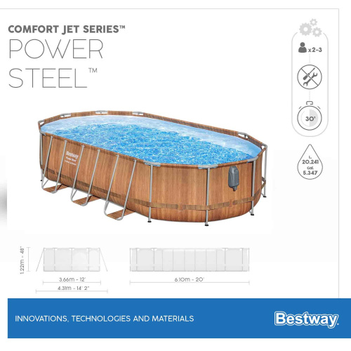 Каркасный овальный бассейн Bestway 610х366х122 см + фильтр-насос 9463 л/ч, лестница, гидромассаж, подсветка (56719 BW)