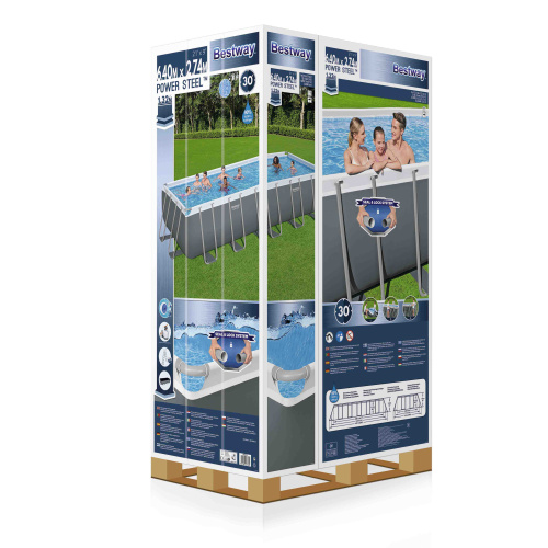 Каркасный прямоугольный бассейн Bestway 640х274х132 см + песочный ф/насос 5678 л/ч, тент, лестница (5612B BW)