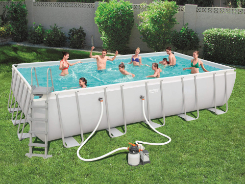 Каркасный прямоугольный бассейн Bestway 671х366х132 см + песочный ф/насос 5678 л/ч, тент, лестница, настил (56471/56278 BW)