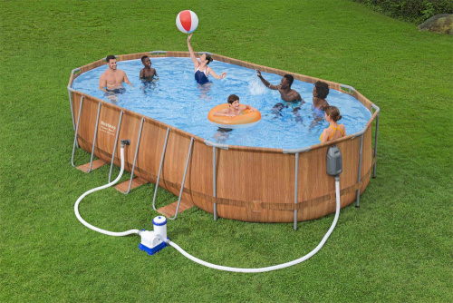 Каркасный овальный бассейн Bestway 610х366х122 см + фильтр-насос 9463 л/ч, лестница, гидромассаж, подсветка (56719 BW)