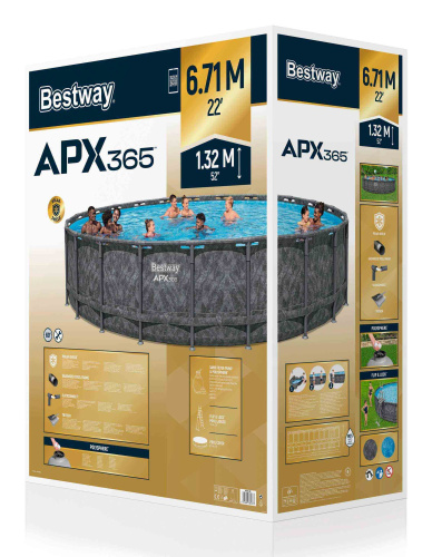 Каркасный бассейн Bestway APX 365, 671х132 см + песочный фильтр-насос 8327 л/ч, тент, лестница, наполнитель Polysphere (561JZ BW)