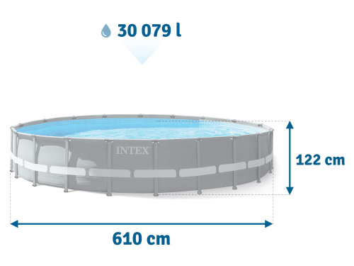 Каркасный бассейн Intex Ultra Frame, 610х122 см + песочный ф/насос, лестница, тент, подстилка (26334)