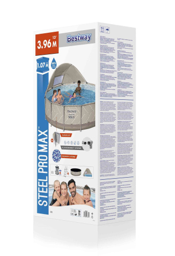 Каркасный бассейн Bestway Steel Pro MAX 396х107 см + фильтр-насос 2006 л/ч, лестница, тент, навес от солнца (561FY BW)