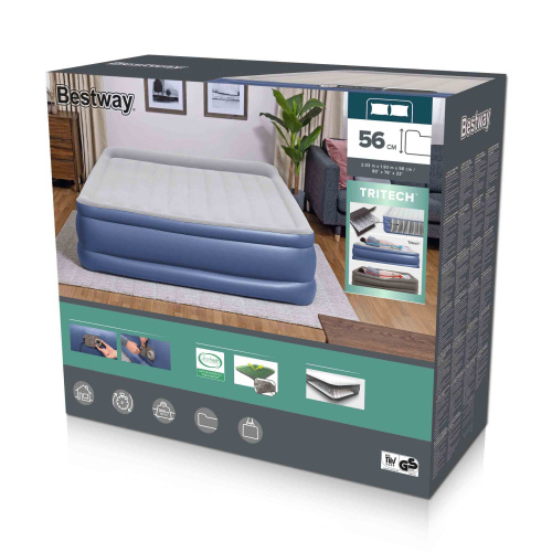 Надувная кровать Tritech 203x193x56 см, с подголовником, встроенный насос 220V (Bestway 67692 BW)