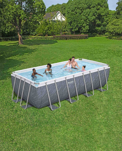 Каркасный прямоугольный бассейн Bestway "Мрамор" 488х244х122 см + фильтр-насос 3028 л/ч, тент, лестница (56996 BW)