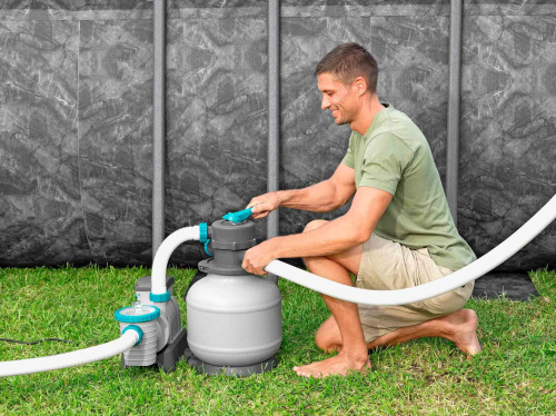 Каркасный бассейн Bestway APX 365, 549х274х132 см + песочный фильтр-насос 6056 л/ч, тент, лестница, наполнитель Polysphere (561KA BW)