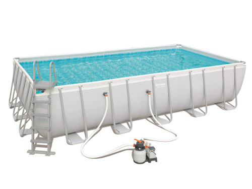 Каркасный прямоугольный бассейн Bestway 671х366х132 см + песочный ф/насос 5678 л/ч, тент, лестница, настил (56471/56278 BW)
