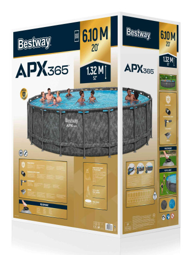 Каркасный бассейн Bestway APX 365, 610х132 см + песочный фильтр-насос 8327 л/ч, тент, лестница, наполнитель Polysphere (561KE BW)