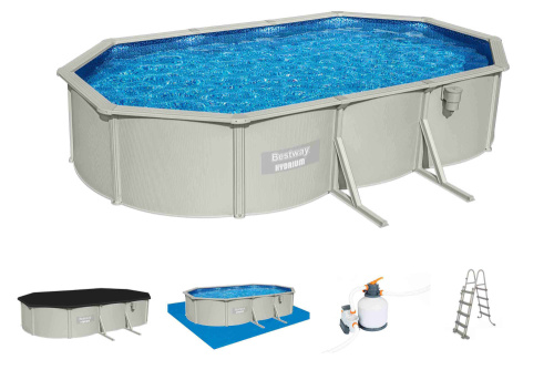 Стальной бассейн Bestway Hydrium Oval Pool 610х360х120 см + песочный ф/насос 5678 л/ч, лестница, тент, подстилка (56369 BW)