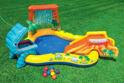 Игровой центр 249х191х109 см "Динозавр" с горкой, распылителем и шарами, 272 л, от 3 лет (Intex 57444)