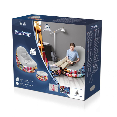 Кресло надувное Comfort Cruiser Graffiti Lounger 121х100х86 см, с пуфиком для ног 54х54х26 см (Bestway 75076 BW)