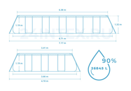 Каркасный прямоугольный бассейн Bestway 671х366х132 см + фильтр-насос 5678 л/ч, тент, лестница, настил (56470/56272 BW)