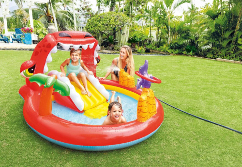 Игровой центр "Счастливый Дино" с горкой и распылителем, 196х170х107 см, от 2 лет (Intex 57163)